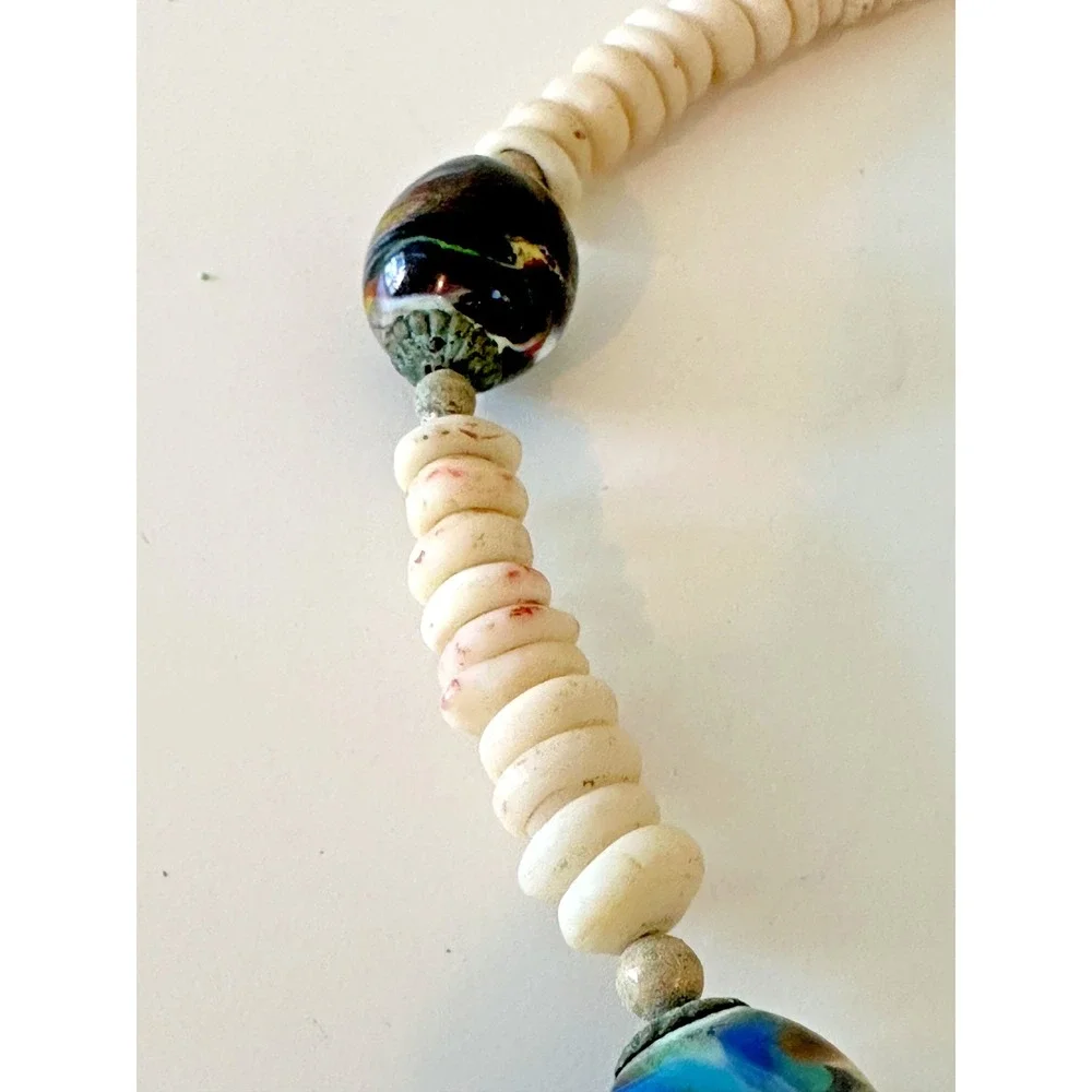 Necklace Murano Bead Swirl Multicolor‎ Off White Stones Chunky Barrel Clasp VTG